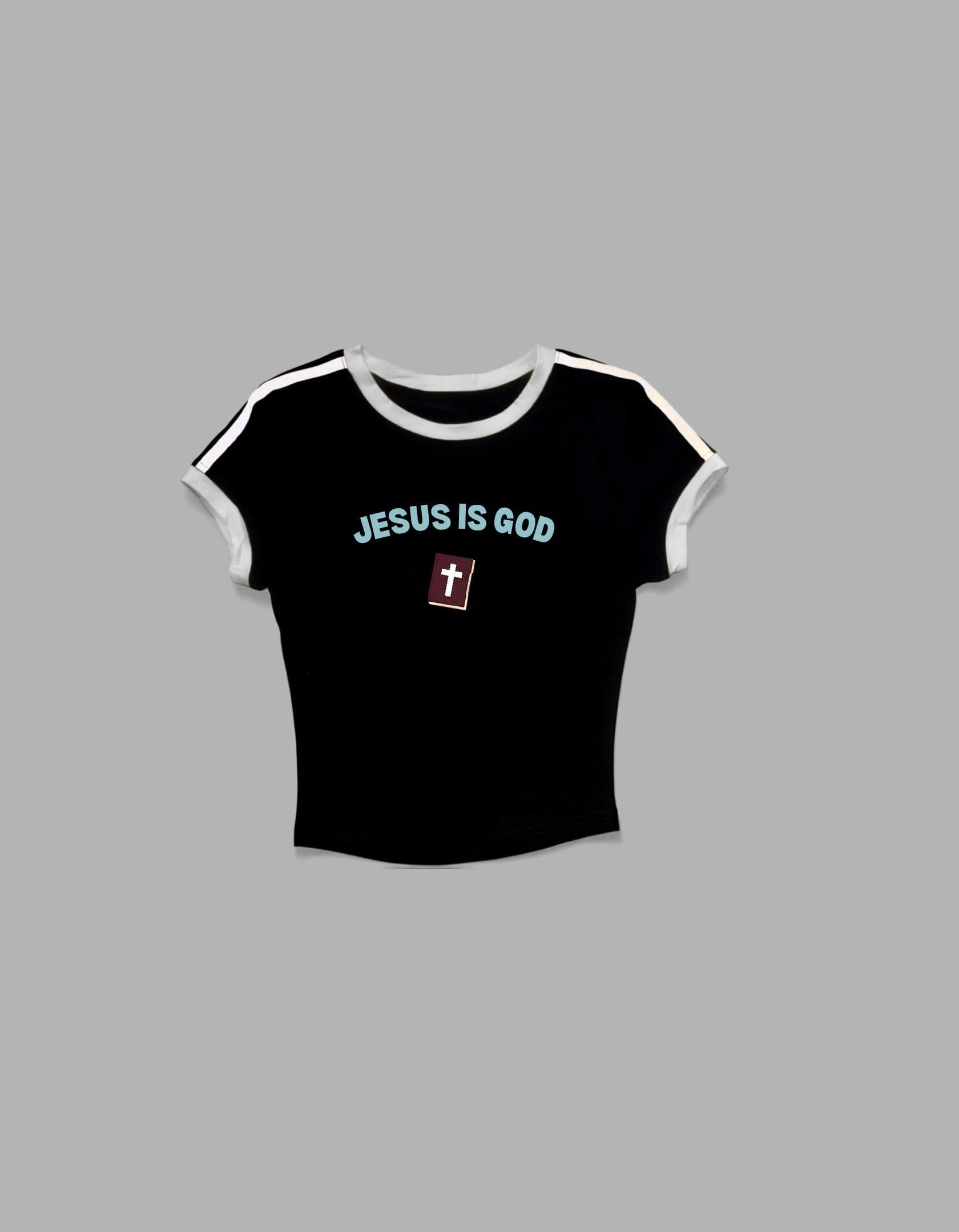 Black ringer T-shirt with Jesus Is God lettering