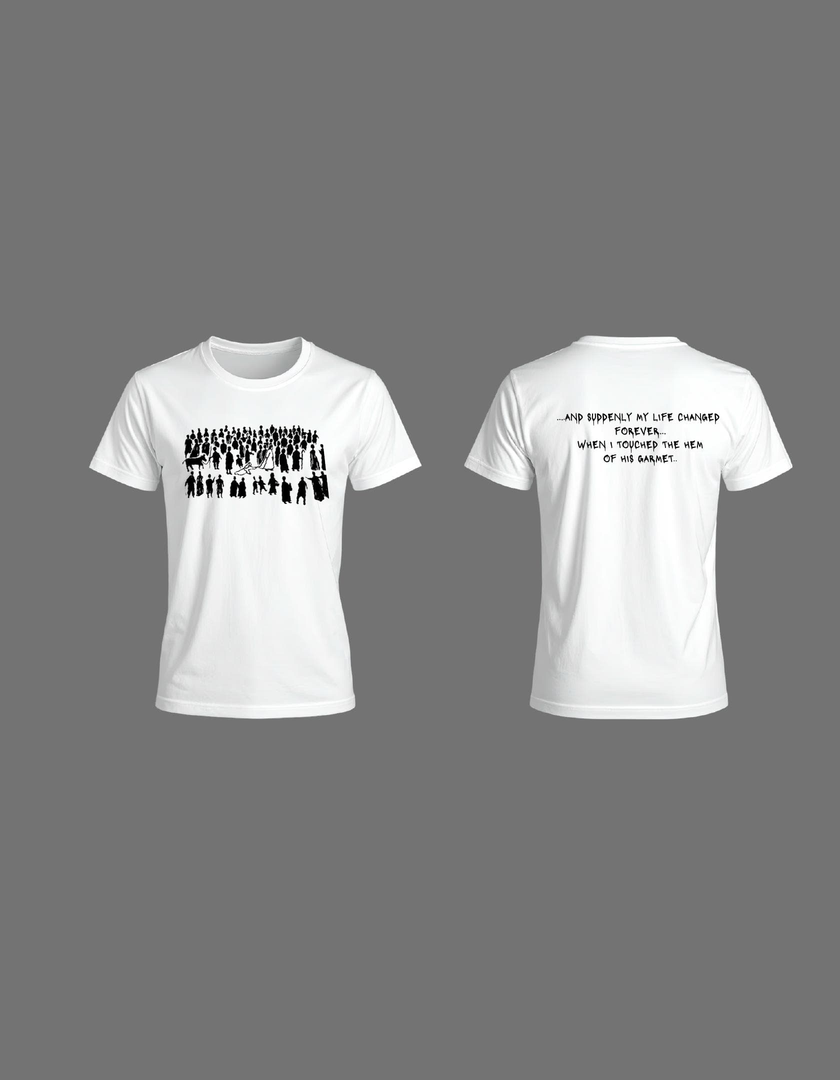 White T-shirt with a community illustration and back statement